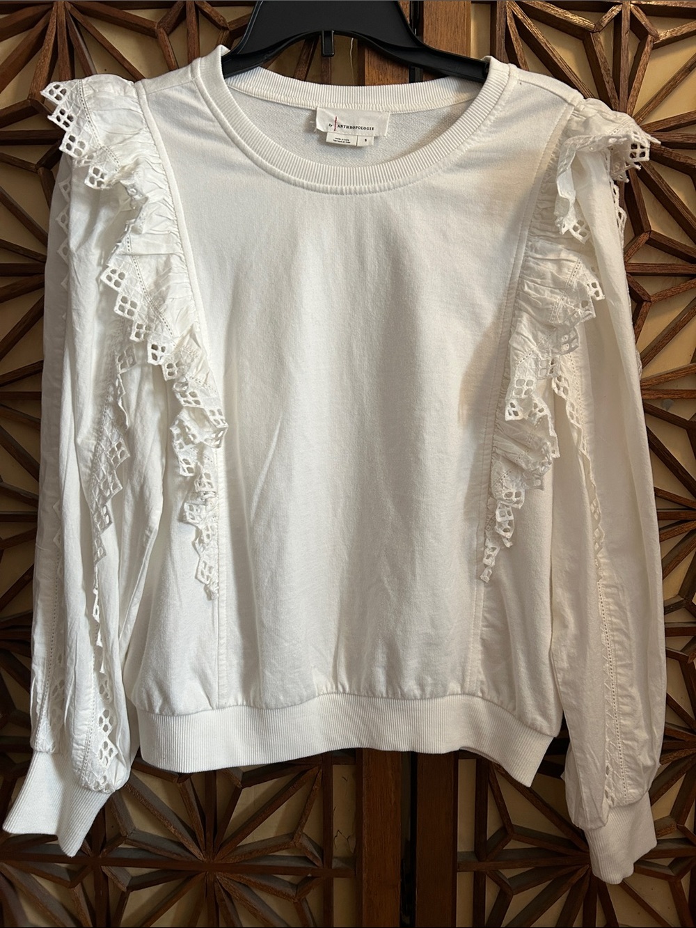 Anthropologie White Lace Ruffle Sweatshirt pullover with soft cotton arms Small